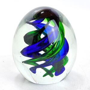 Handmade Galaxy Swirl Marble Paperweight Egg Shape Oval Blue And Green 4 In Tall